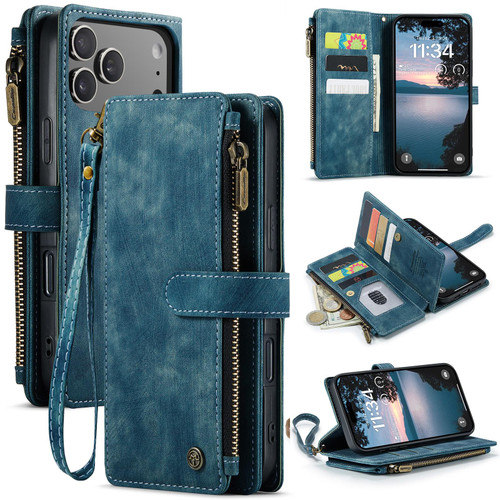 iPhone 17 Pro Max CaseMe C30 Card Slots Zipper Wallet Leather Phone Case - Blue