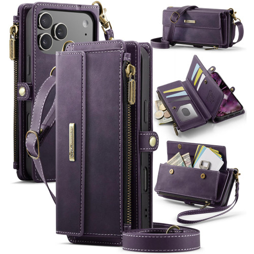 iPhone 17 Pro Max CaseMe C39 RFID Blocking Zipper Wallet Leather Phone Case with Crossbody Strap - Purple