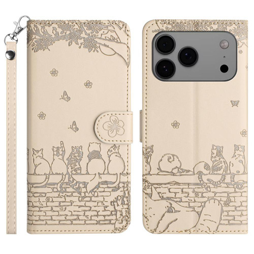 iPhone 17 Pro Max Cat Embossing Pattern Leather Phone Case with Lanyard - Beige