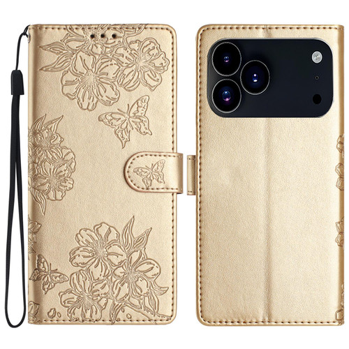 iPhone 17 Pro Max Cherry Blossom Butterfly Skin Feel Embossed PU Phone Case - Gold