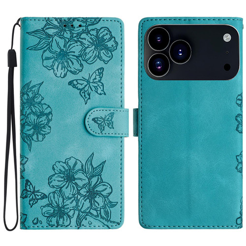 iPhone 17 Pro Max Cherry Blossom Butterfly Skin Feel Embossed PU Phone Case - Green