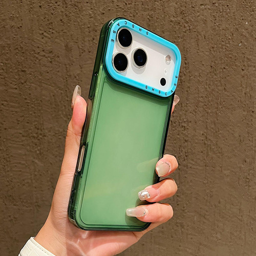 iPhone 17 Pro Max Color Contrast Lens Frame Transparent TPU Phone Case - Green+Sky Blue