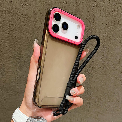 iPhone 17 Pro Max Color Contrast Lens Frame Transparent TPU Phone Case with Lanyard - Black+Rose Red