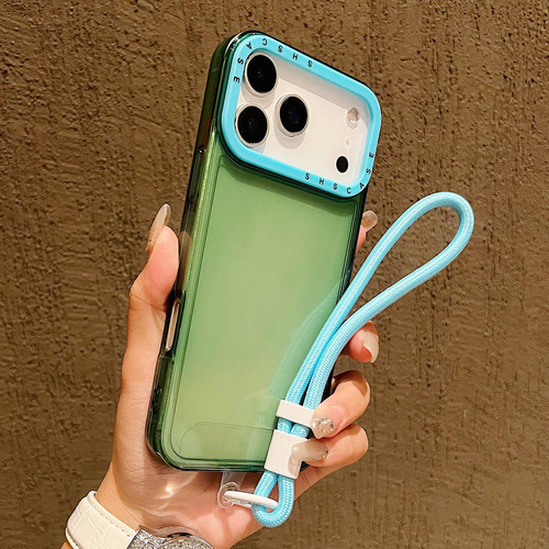 iPhone 17 Pro Max Color Contrast Lens Frame Transparent TPU Phone Case with Lanyard - Green+Sky Blue