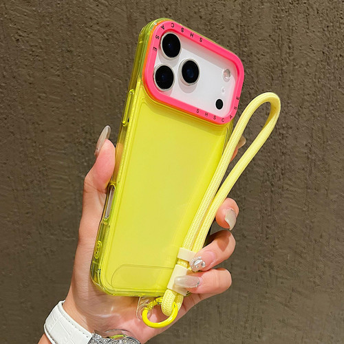 iPhone 17 Pro Max Color Contrast Lens Frame Transparent TPU Phone Case with Lanyard - Yellow+Rose Red