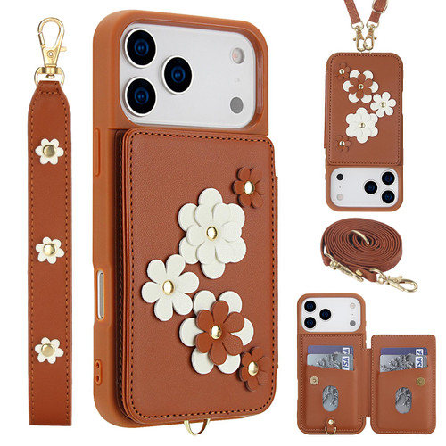 iPhone 17 Crossbody Flower Pattern Leather Phone Case - Brown