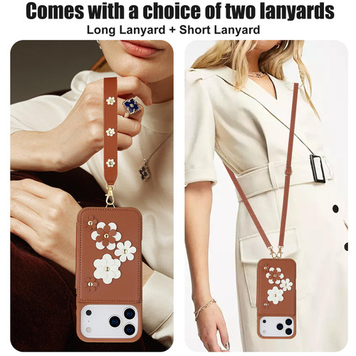 Funda Para IPhone 17 (6.3") Con Cordón - Estampado Flores Marrón, Protección Antigolpes - Incluye Correa Desmontable