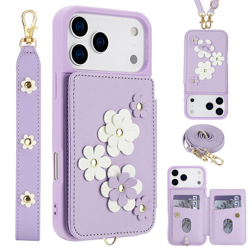 iPhone 17 Pro Max Crossbody Flower Pattern Leather Phone Case - Purple