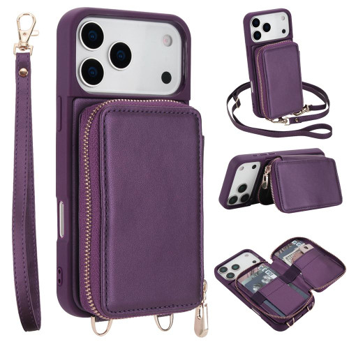 iPhone 17 Pro Max Crossbody Zipper RFID Card Bag Phone Case - Dark Purple