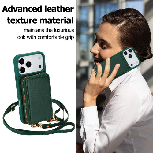 iPhone 17 Pro Max Crossbody Zipper RFID Card Bag Phone Case - Green