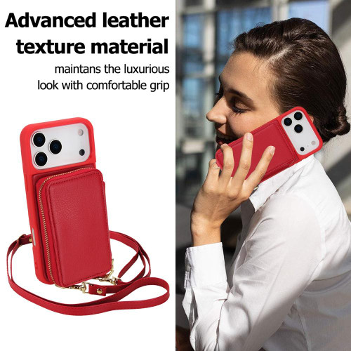 iPhone 17 Pro Max Crossbody Zipper RFID Card Bag Phone Case - Red