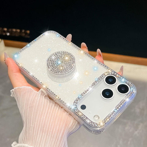 iPhone 17 Pro Max Diamond Glitter Diamond Round Holder Phone Case - Transparent