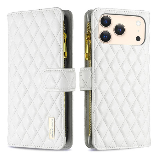 iPhone 17 Pro Max Diamond Lattice Zipper Wallet Leather Flip Phone Case - White