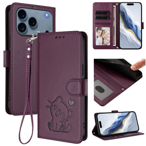 iPhone 17 Pro Max Embossed Heart Cat Leather Phone Case with Hand Strap - Dark Purple