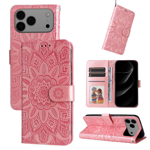 iPhone 17 Pro Max Embossed Sunflower Leather Phone Case - Pink