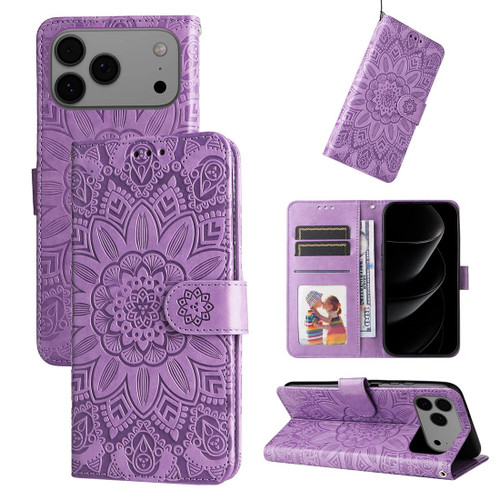iPhone 17 Pro Max Embossed Sunflower Leather Phone Case - Purple