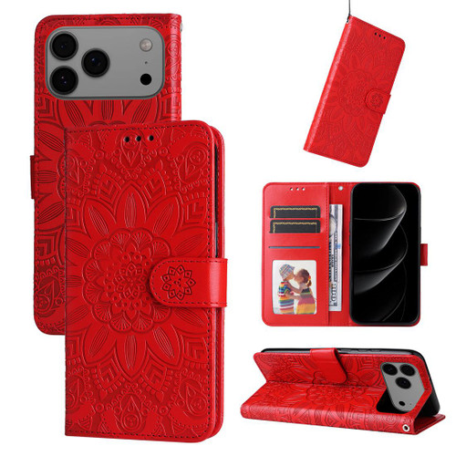 iPhone 17 Pro Max Embossed Sunflower Leather Phone Case - Red