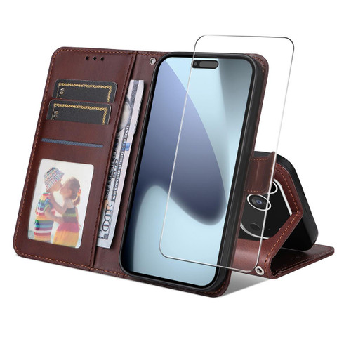 iPhone 17 Pro Max ENKAY Card Wallet Calf Texture Leather Phone Case with Thickened Glue No White Edge Film - Brown