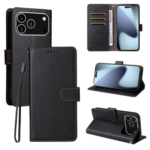 iPhone 17 Pro Max ENKAY RFID Blocking Wallet Kickstand Litchi Texture Leather Phone Case - Black