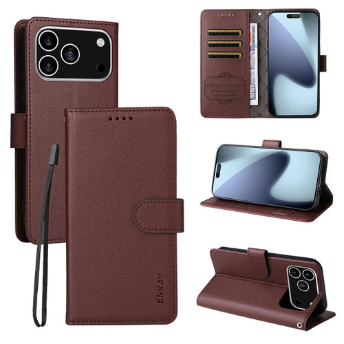 iPhone 17 Pro Max ENKAY RFID Blocking Wallet Kickstand Litchi Texture Leather Phone Case - Brown