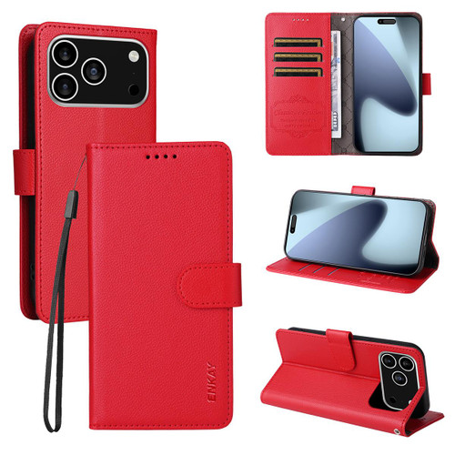 iPhone 17 Pro Max ENKAY RFID Blocking Wallet Kickstand Litchi Texture Leather Phone Case - Red