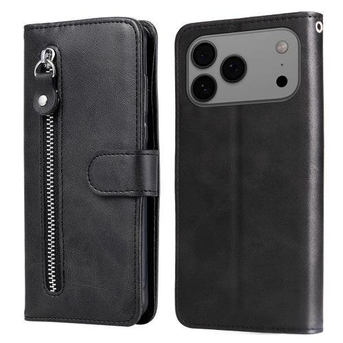 iPhone 17 Pro Max Fashion Calf Texture Zipper Leather Phone Case - Black