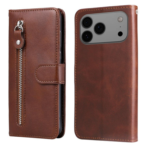 iPhone 17 Pro Max Fashion Calf Texture Zipper Leather Phone Case - Brown