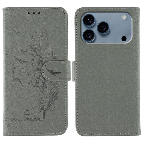 iPhone 17 Pro Max Feather Pattern Litchi Texture Leather Phone Case - Gray