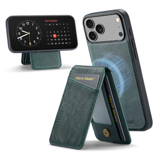 iPhone 17 Pro Max Fierre Shann Cowhide Vertical Flip Magnetic Card Holder Phone Case - Green