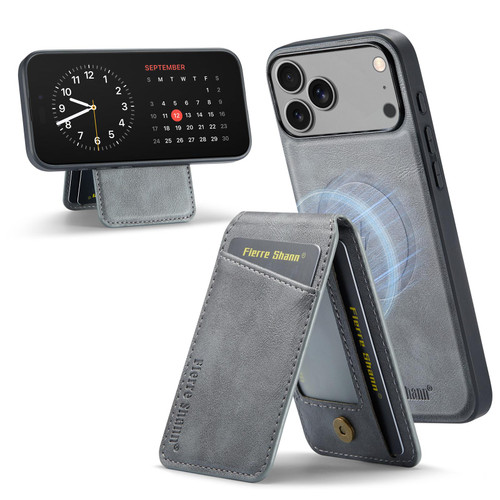 iPhone 17 Pro Max Fierre Shann Cowhide Vertical Flip Magnetic Card Holder Phone Case - Grey