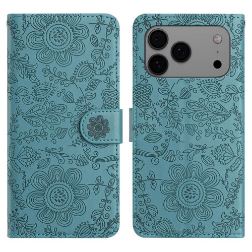 iPhone 17 Pro Max Floral Embossed Pattern Leather Phone Case - Dark Green
