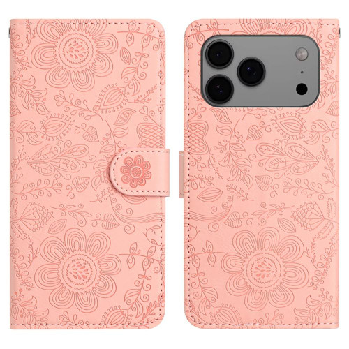 iPhone 17 Pro Max Floral Embossed Pattern Leather Phone Case - Pink