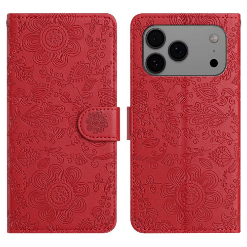 iPhone 17 Pro Max Floral Embossed Pattern Leather Phone Case - Red