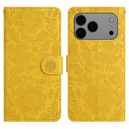 iPhone 17 Pro Max Floral Embossed Pattern Leather Phone Case - Yellow