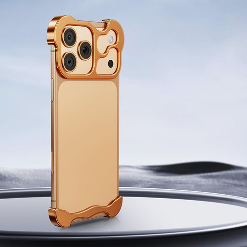 iPhone 17 Pro Max Frameless Metal Corner Pad Phone Case with Lens Film - Gold iPhone 17 Pro Max Frameless Metal Corner Pad Phone Case with Lens Film - Gold