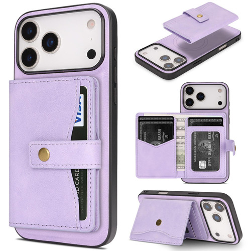 iPhone 17 Pro Max Kalebol Magnetic Button Card Bag MagSafe Ring Leather Phone Case - Purple