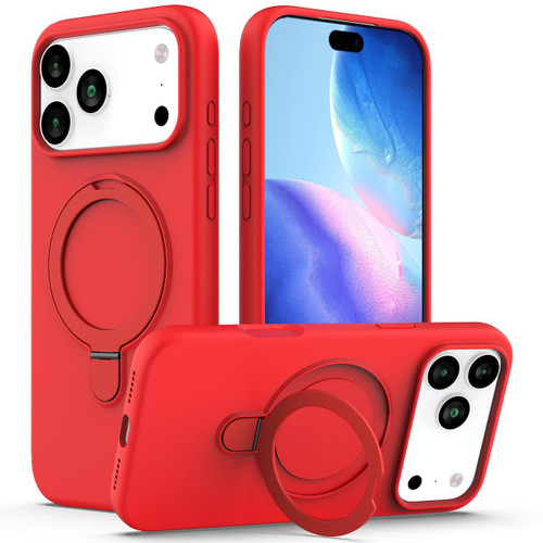 iPhone 17 Pro Max Liquid Silicone MagSafe Magnetic Phone Case with Ring Holder - Red