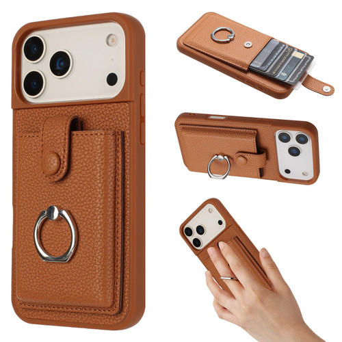 iPhone 17 Pro Max Litchi Texture Drawing Card Bag Ring Holder Phone Case - Brown