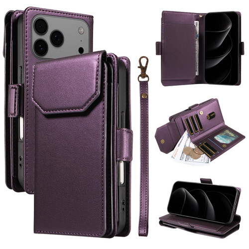 iPhone 17 Pro Max Multi Card Wallet Leather Phone Case with Strap - Purple