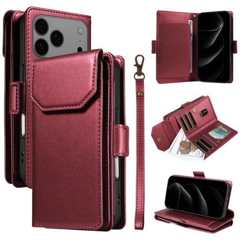 iPhone 17 Pro Max Multi Card Wallet Leather Phone Case with Strap - Red iPhone 17 Pro Max Multi Card Wallet Leather Phone Case with Strap - Red