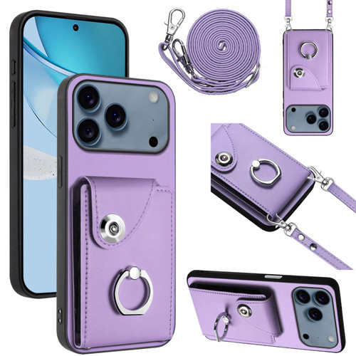 iPhone 17 Pro Max Organ Card Bag Ring Holder Phone Case with Long Lanyard - Purple