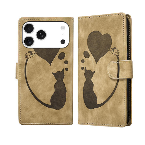 iPhone 17 Pro Max Pen Heart Cat Embossed Leather Phone Case - Apricot iPhone 17 Pro Max Pen Heart Cat Embossed Leather Phone Case - Apricot