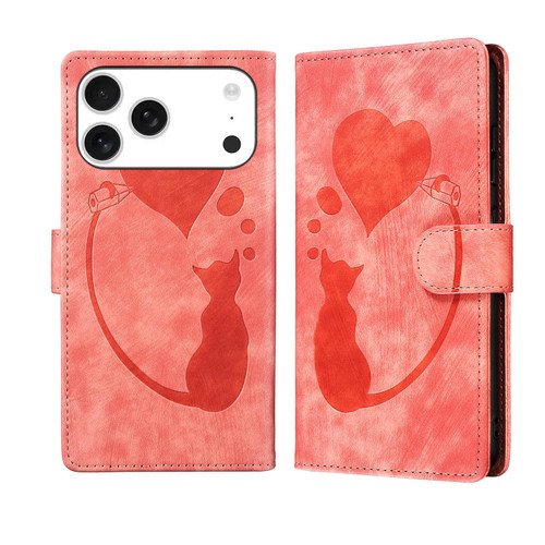 iPhone 17 Pro Max Pen Heart Cat Embossed Leather Phone Case - Pink