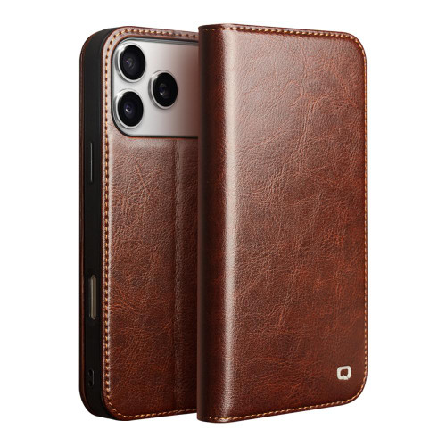 iPhone 17 Pro Max QIALINO Classic Genuine Leather Phone Case - Brown