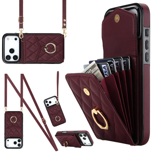iPhone 17 Pro Max Rhombic Texture Card Bag Phone Case with Long Lanyard - Wine Red iPhone 17 Pro Max Rhombic Texture Card Bag Phone Case with Long Lanyard - Wine Red