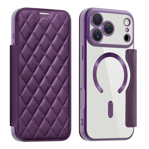 iPhone 17 Pro Max Shield Magsafe RFID Anti-theft Rhombus Leather Phone Case - Purple