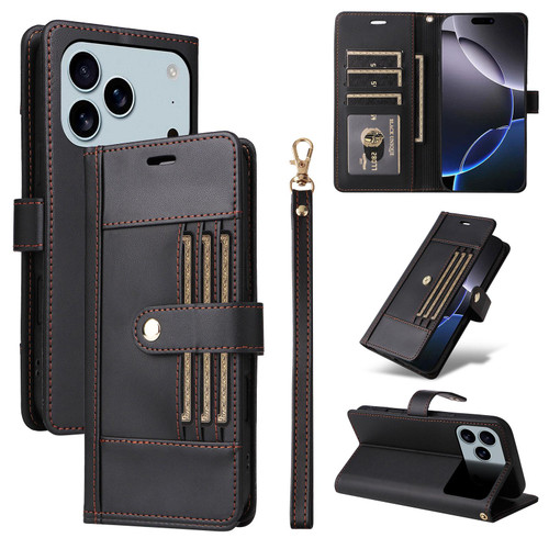 iPhone 17 Pro Max Six Card Slots Buckle Leather Phone Case with Lanyard - Black