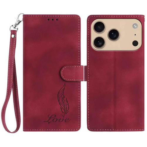iPhone 17 Pro Max Skin Feel Embossed Feather Leather Phone Case - Red