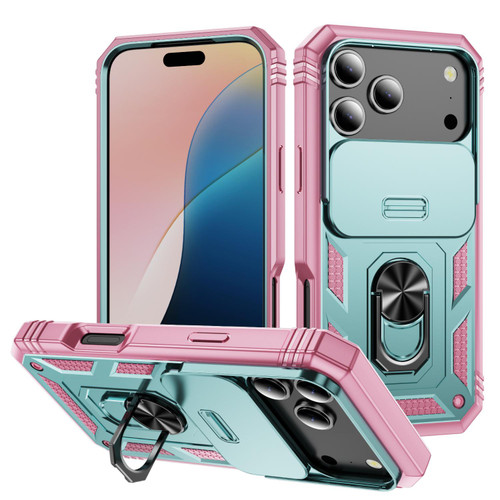 iPhone 17 Pro Max Sliding Camshield TPU + PC Phone Case with Holder - Green+Pink iPhone 17 Pro Max Sliding Camshield TPU + PC Phone Case with Holder - Green+Pink