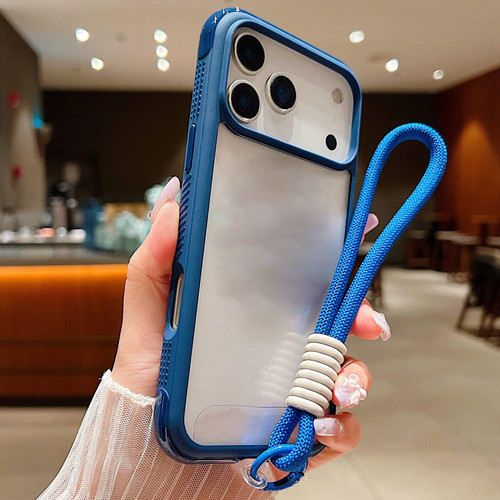 iPhone 17 Pro Max Solid Color Edge Transparency Acrylic TPU Phone Case with Wrist Strap - Royal Blue iPhone 17 Pro Max Solid Color Edge Transparency Acrylic TPU Phone Case with Wrist Strap - Royal Blue